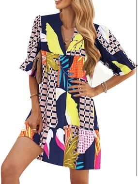 Navy Tropical Print V-Neck Swim Coverup Dress